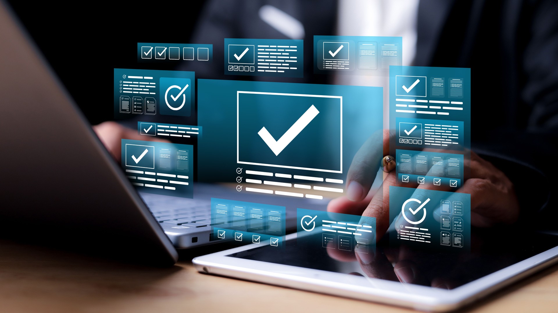 Businessman validating digital documents using futuristic interface with checkmark icons, quality assurance system, compliance review, and document verification. Businessman validating digital documents using futuristic interface with checkmark icons, quality assurance system, compliance review, and document verification.